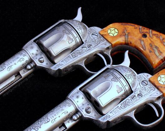 Engraved Single Action Army, SAA, matched set by reigelgunengraving.com
